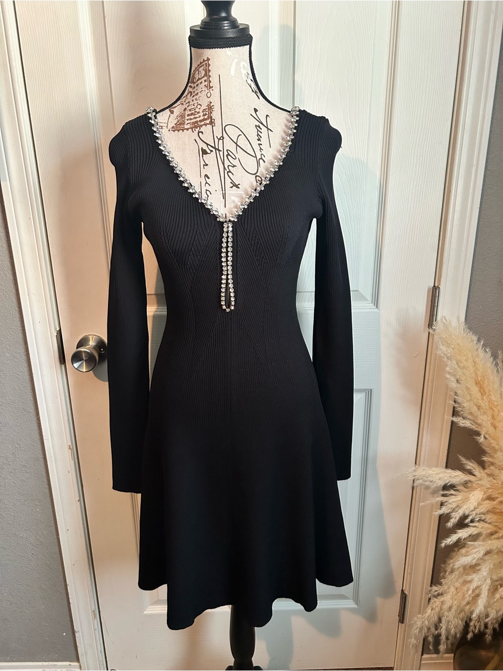 Rhinestone-Trim Long Sleeve Black Dress